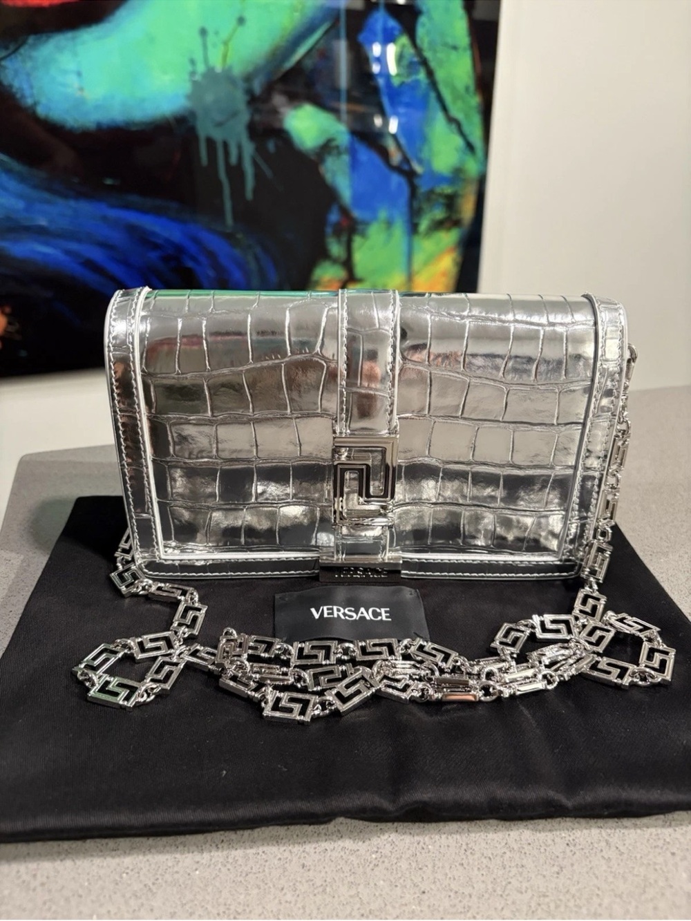 Versace Silver Metallic Croc-Embossed Crossbody with Geometric Chain $1800 Retai